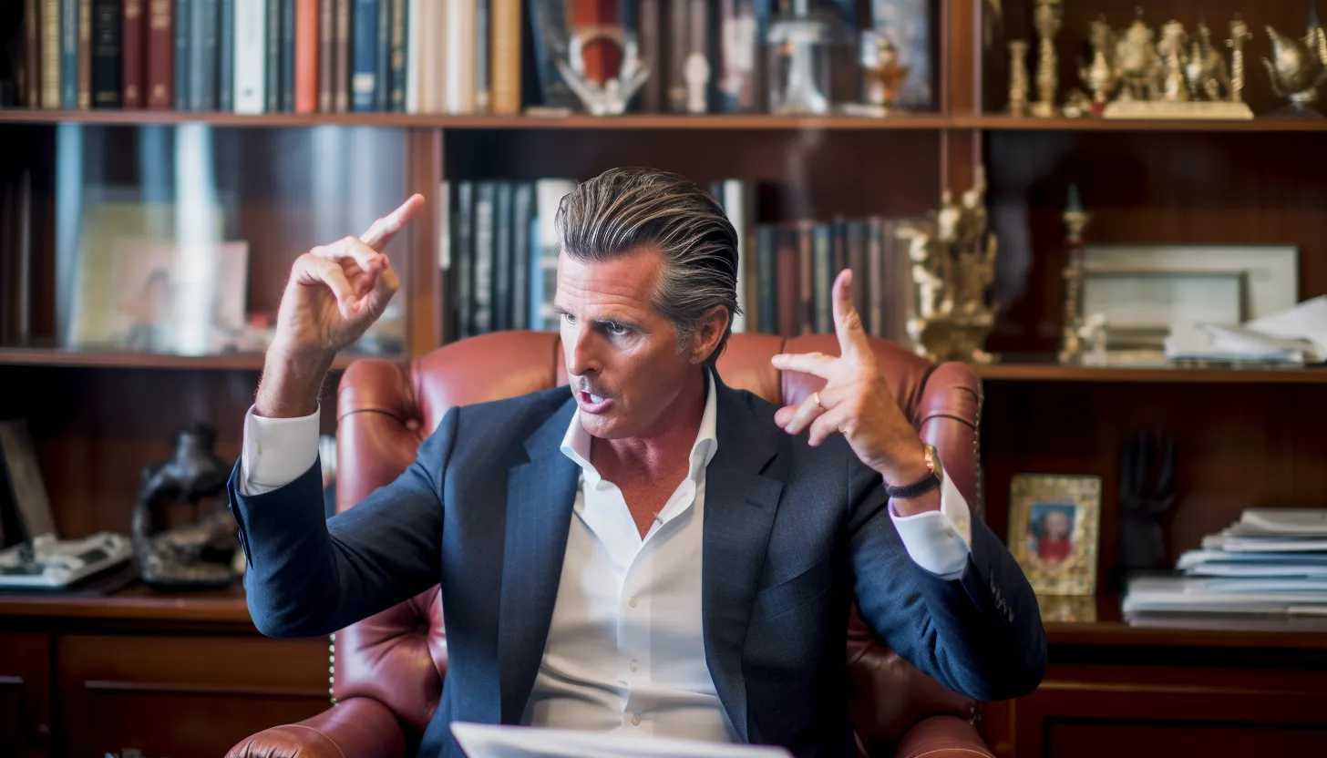 "Governor Gavin Newsom, in his office, announcing the 'family agenda'. His hands gesture emphasises the importance of his words, the gravity of the situation hanging heavily in the room. Photographed with Sony α7R IV."