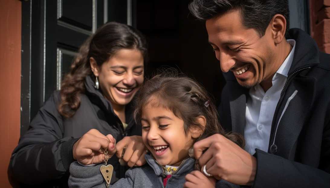 A close-up photo of a family receiving the keys to their new home in New Hope Acres, capturing their expressions of joy and gratitude, taken with a Canon EOS R5.