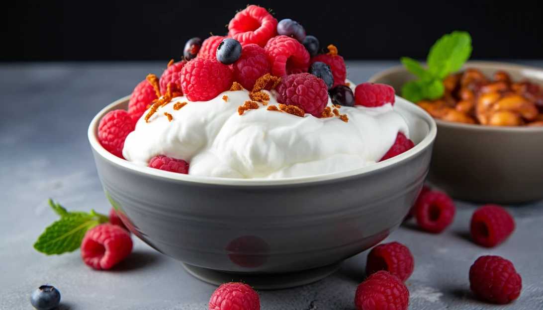 A delicious bowl of Greek yogurt topped with fresh raspberries and blackberries, taken with a Nikon D850.