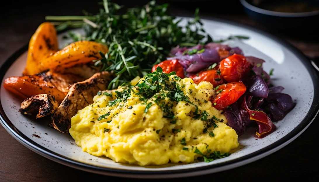 A close-up shot of a breakfast plate featuring scrambled eggs and sautéed vegetables, captured with a Canon EOS R.