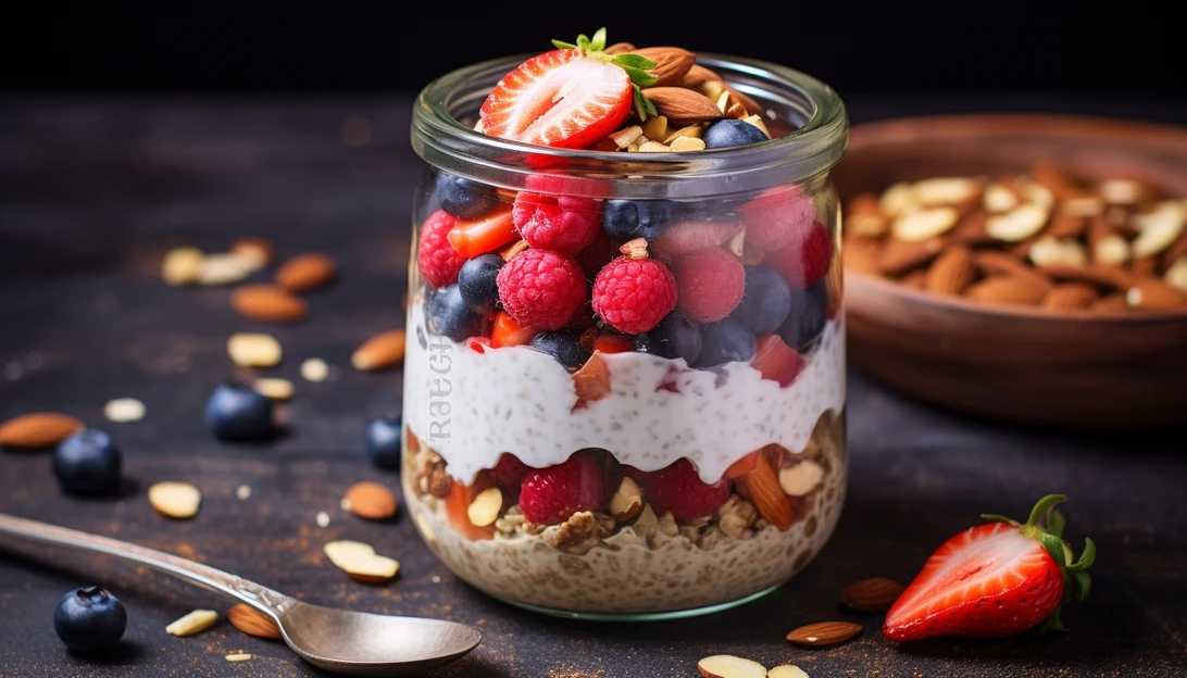 An enticing image of overnight oats adorned with sliced almonds and mixed berries, photographed using a Sony Alpha a7 III.