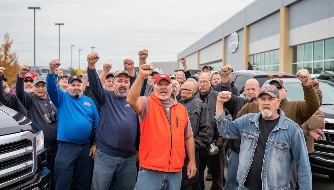 A photo of United Auto Workers (UAW) members rallying at the Stellantis North America headquarters in Auburn Hills, Michigan. [Taken with: Canon EOS 5D Mark IV]