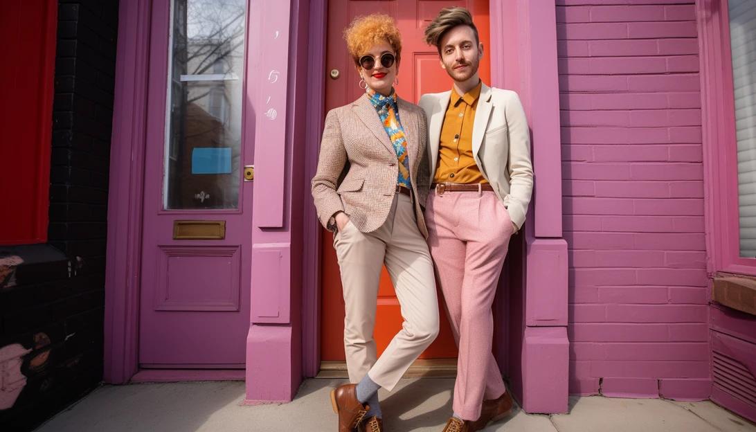 A photo of Markie Mullins and Milo Birk standing in front of their newly renovated pink front door in Detroit, Michigan, taken with a Nikon D850.