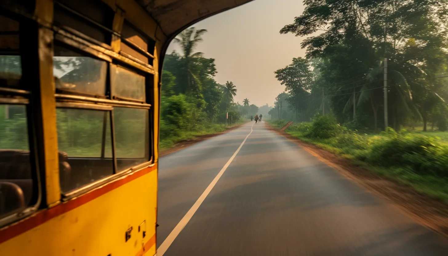 A yellow school bus driving down a rural road, children visible through the windows. Taken with Canon EOS 5D Mark IV.