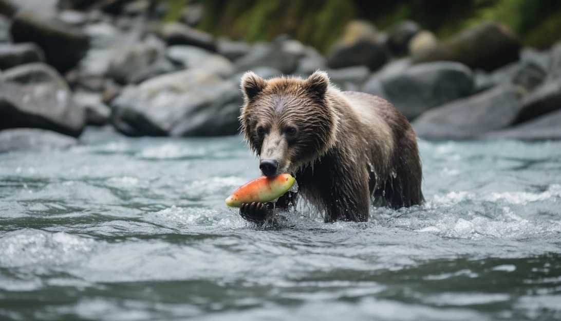 An adorable brown bear feasting on salmon in Katmai National Park & Preserve, captured with a Canon EOS R6.