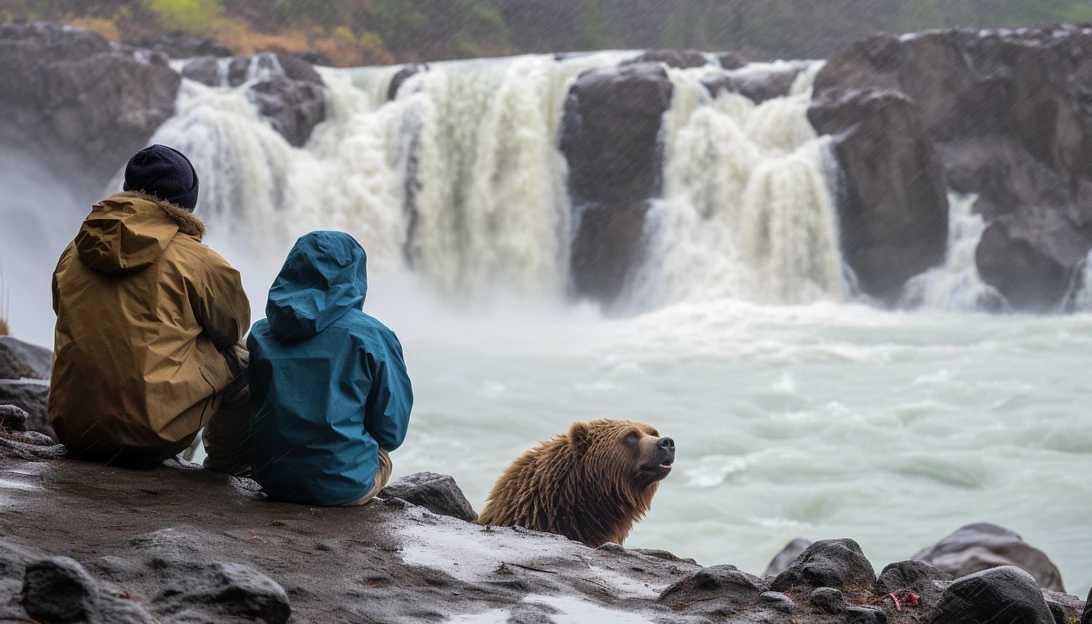 Visitors observing the breathtaking spectacle of Katmai brown bears at Brooks Falls, their cameras powered by a Sony A7 III.