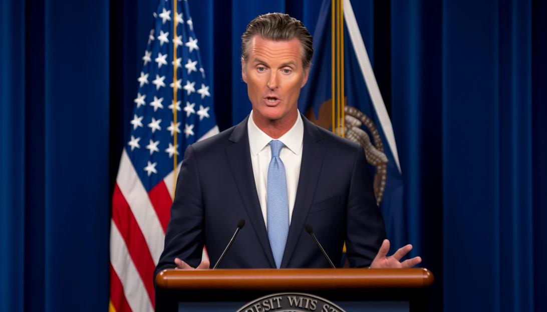 A photo of California Gov. Gavin Newsom speaking at a press conference