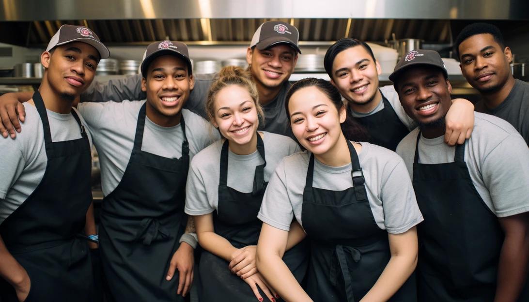 A photo of a diverse group of Chipotle employees wearing their uniforms, showcasing the inclusive work environment at the restaurant. (Taken with a Canon EOS 5D Mark IV)