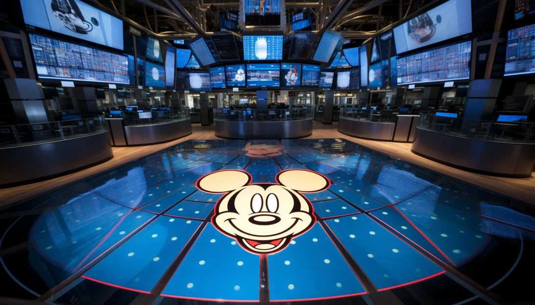 An image of the Walt Disney Co. logo displayed on a screen above the floor of the New York Stock Exchange, taken with a Canon EOS 5D Mark IV.