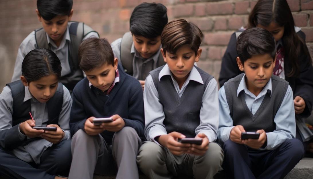 A group of children engrossed in their smartphones during a school break. (Photo prompt: A candid shot of kids addicted to their phones)