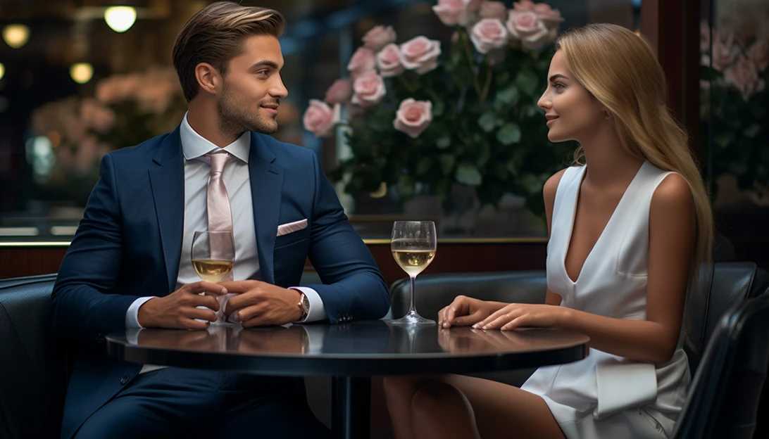 A wealthy single on a date with a potential partner, both dressed in elegant attire, discussing their views on money. Photo taken with a Canon EOS 5D Mark IV.
