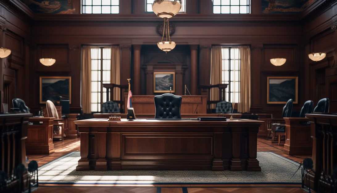 A courtroom with a judge presiding, symbolizing the court ruling, taken with a Sony A7 III