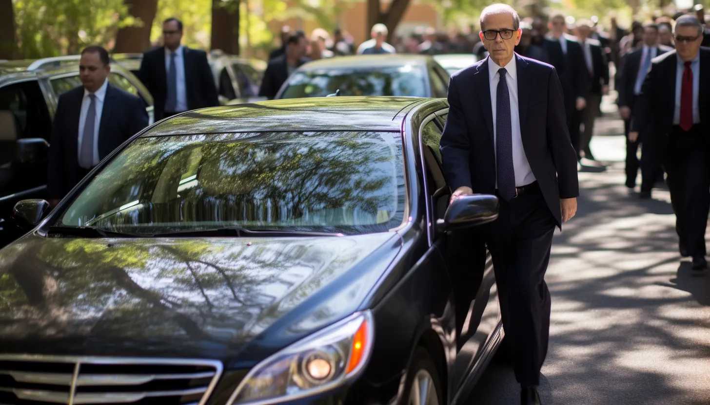 Merrick Garland leaving his residence in a motorcade, with Assange's supporters in the background, taken with a Nikon D850.