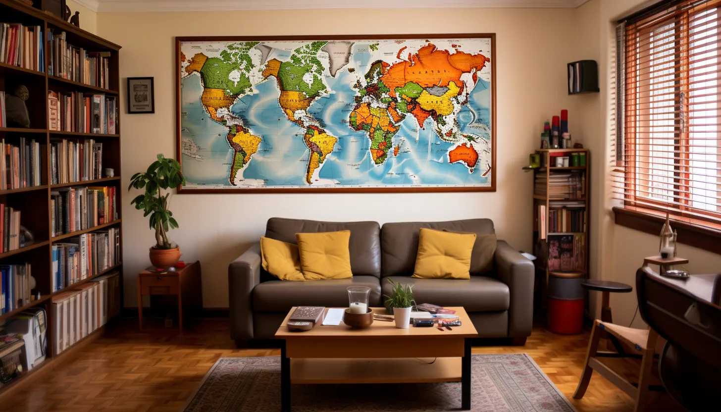 An image of a room with educational tools, textbooks, and a world map, representative of a typical homeschooling setting. A woman (parent/educator) can be seen engaging with a junior high age student, demonstrating the 'logic' phase of the classical education model. Photo taken with a Nikon D850 DSLR.