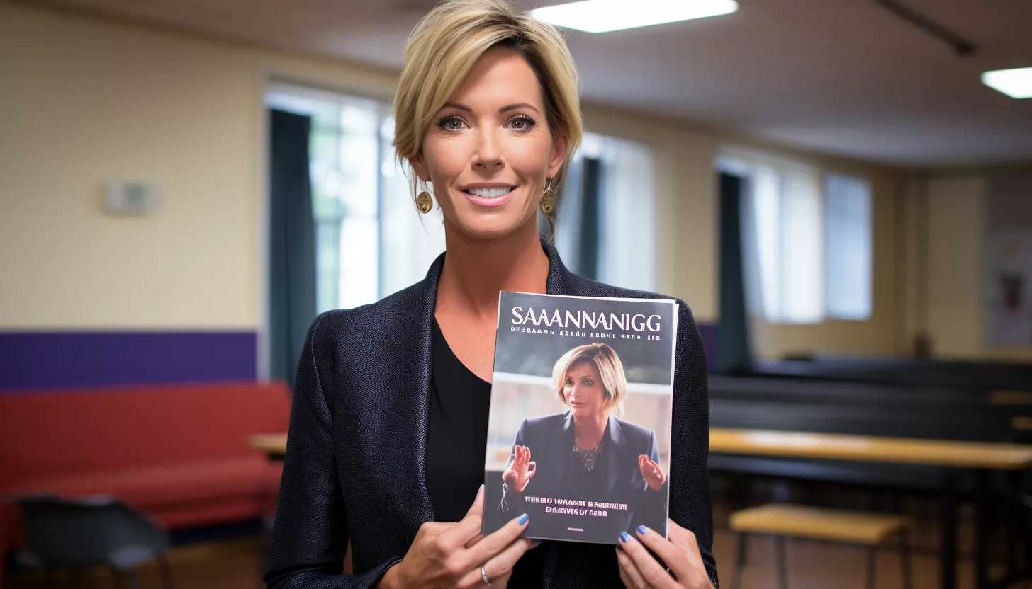 An image of Stacy Manning, co-author of the book, taken with a Sony Alpha a7 III, standing within a high school setting, showcasing the 'transition into adulthood' discussed in their book. Manning holds an open copy of her book, implicating the importance of their work and its impact on conservative education.