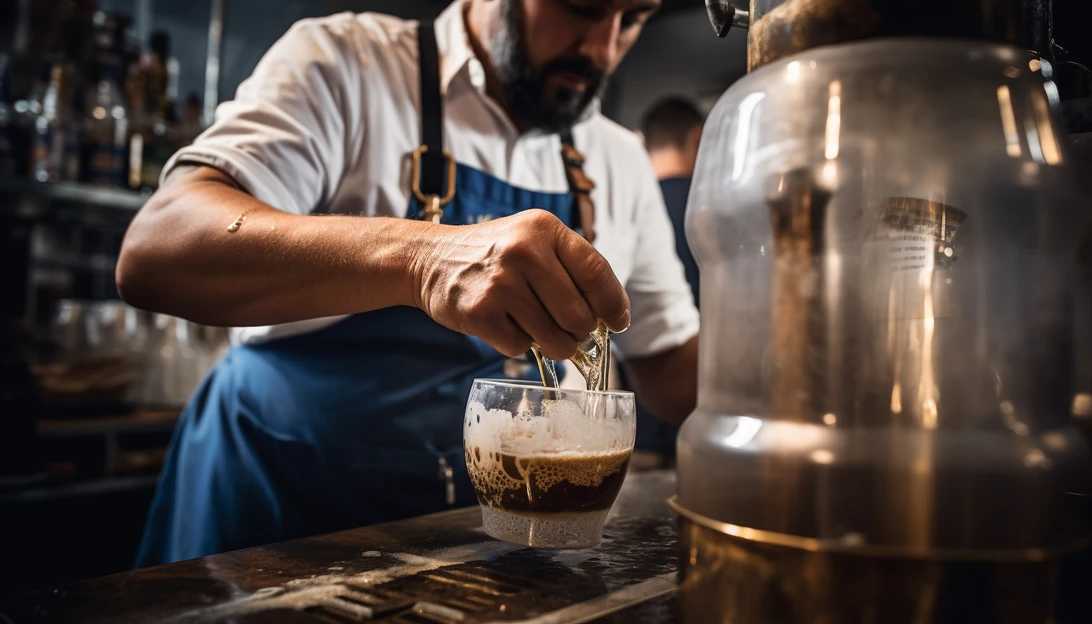 A close-up shot of a bartender pouring a pint of beer into a one liter mug at an Oktoberfest event in the US. (Taken with Sony Alpha a7 III)