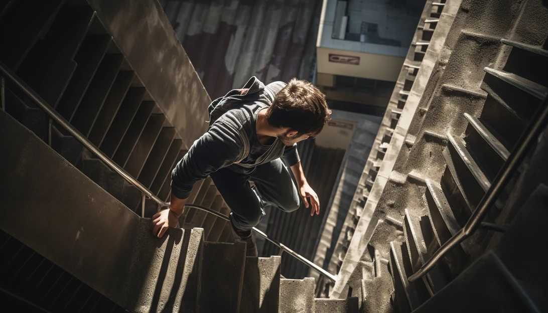 A person climbing the stairs of a tall building, taken with a Nikon D750.