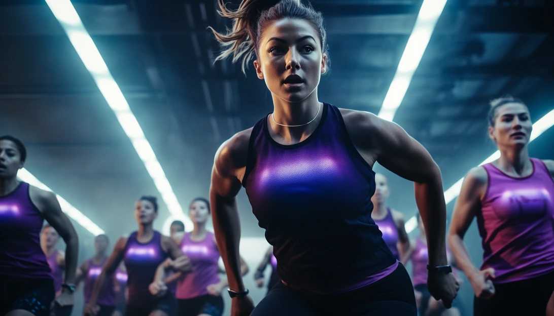 A group of people participating in an intense aerobic workout session, emphasizing the benefits of high-intensity exercise, taken with a Sony Alpha a7 III.