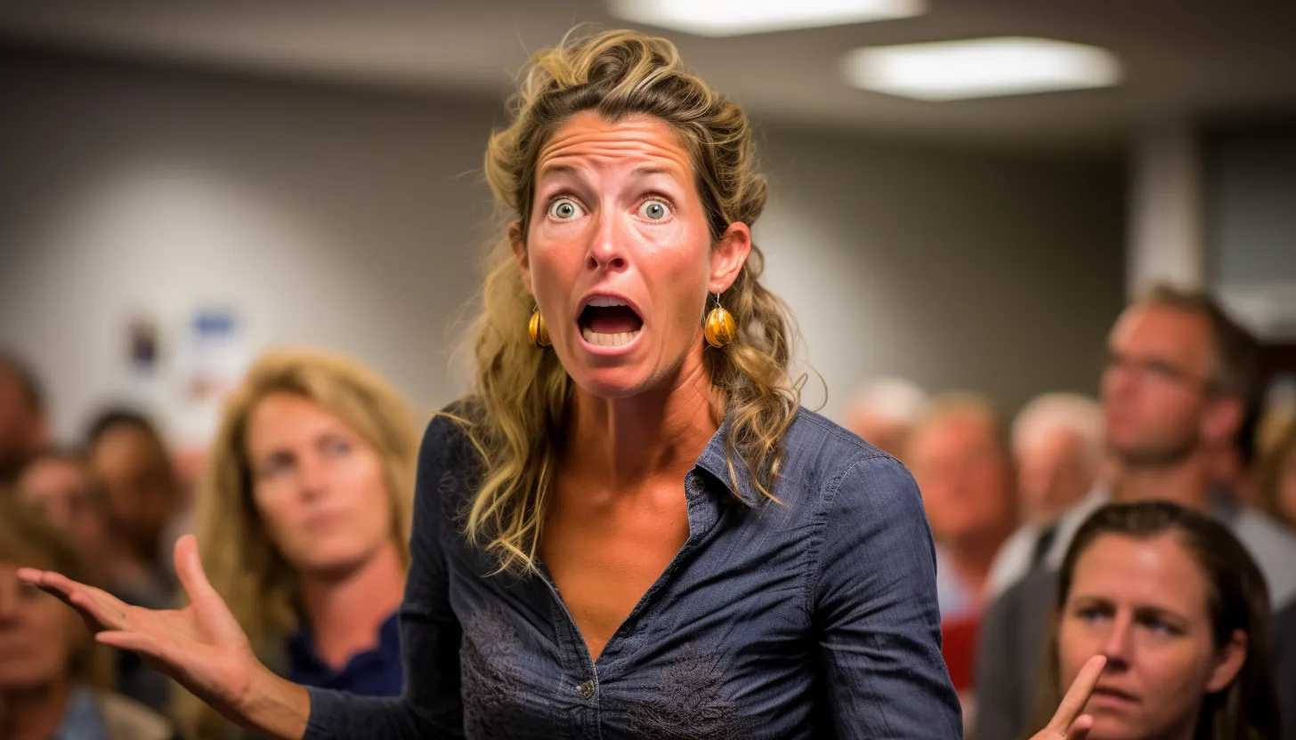 A concerned mother standing up in a school board meeting, passionately expressing her views about a controversial education curriculum. The intensity in her eyes portrays her love for her children and her determination to stand for her beliefs. Taken with Nikon D850.