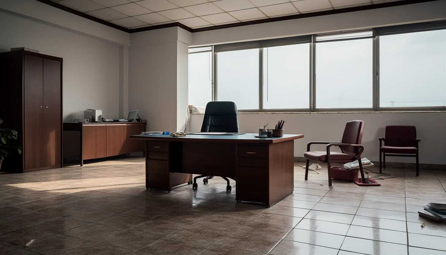 An image of an empty office in a real estate agency, with a cleared out desk in the foreground. It symbolizes a sudden job loss, the harsh reality faced by the mother after expressing her views. Taken with Canon EOS R5.