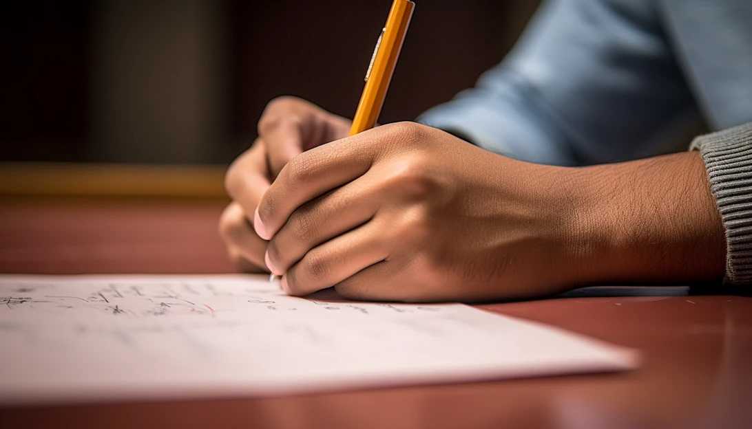 A close-up photo of a student's hand holding a pencil, poised to tackle a challenging math problem, symbolizing the importance of math skills for college readiness. Taken with a Canon EOS 5D Mark IV.
