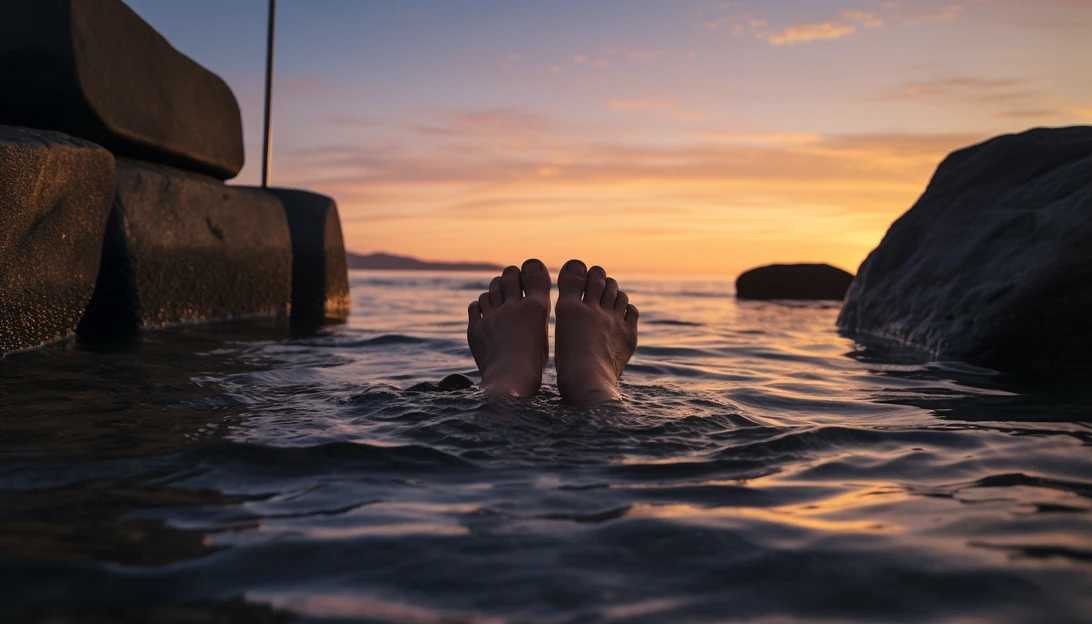 A peaceful scene of a person taking a relaxing warm bath with their feet immersed in the water, taken with a Canon EOS R.