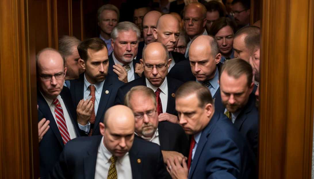 An image of the House GOP meeting behind closed doors, featuring Jim Jordan at the center of attention, taken with a Nikon D850