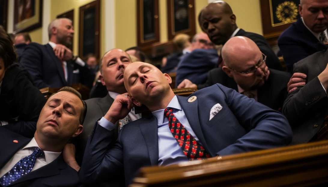 A photo capturing the uncertainty and tense atmosphere in the House, with Republican lawmakers engaged in negotiations, taken with a Sony Alpha a7 III