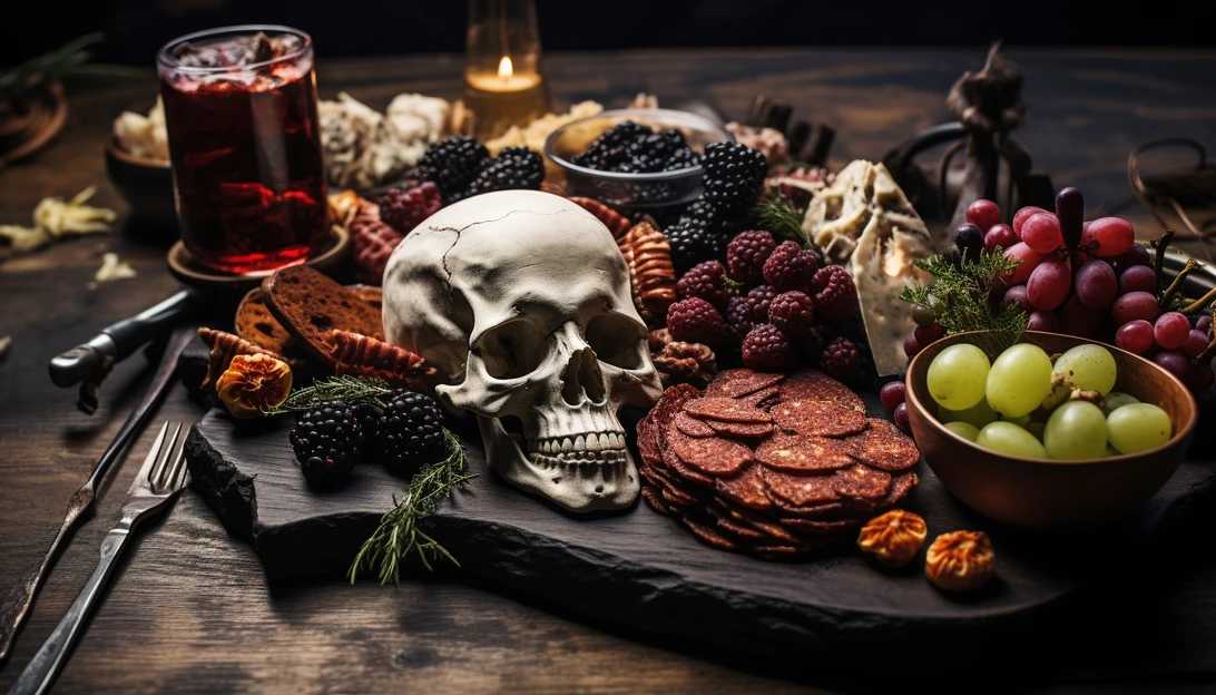 A stunning photo of a spooky Halloween charcuterie board with a prop skull as the centerpiece. Taken with a Canon EOS 5D Mark IV.