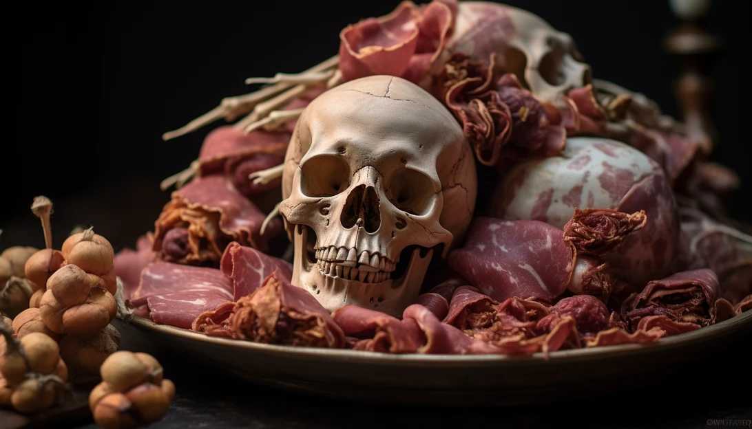 An enticing close-up shot of prosciutto slices delicately wrapped around the skull, creating a hauntingly beautiful display. Taken with a Nikon D850.