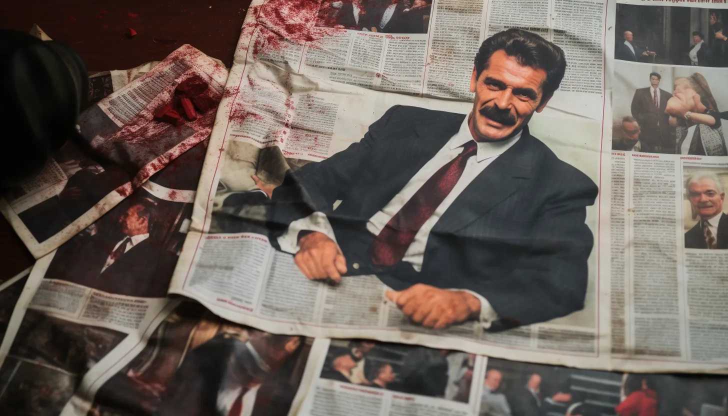 A snapshot of a 1990s-era Bulgarian newspaper showcasing headlines of public figure assassinations, captured with a Sony Alpha 7R IV.