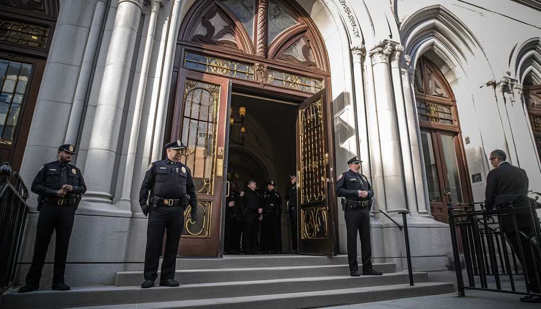 A photograph showcasing the increased security measures at Temple Emanu-El, with NYPD officers standing guard outside the synagogue. [Taken with Sony Alpha a7 III]
