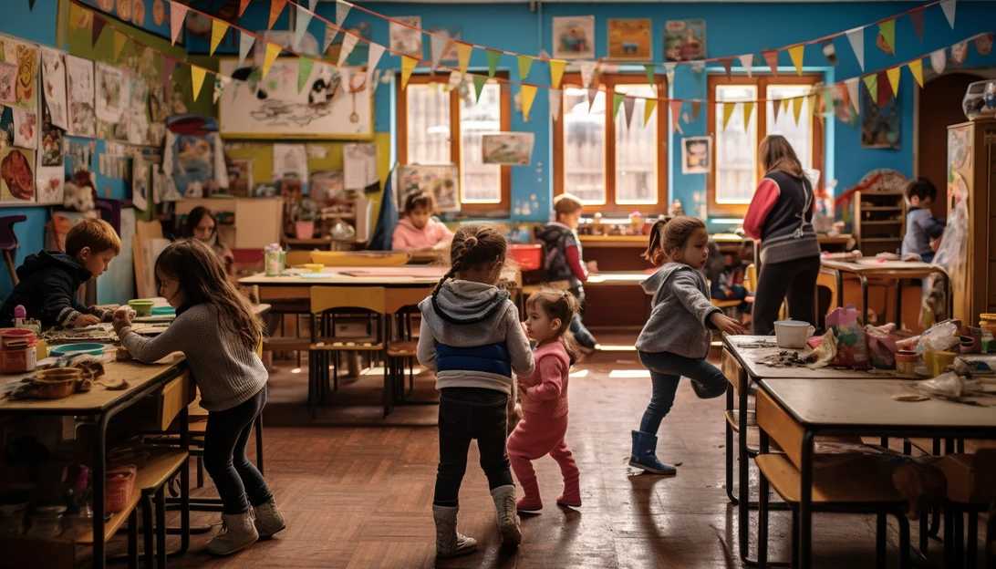 A photo of children playing in a daycare center, captured with a Nikon D850.