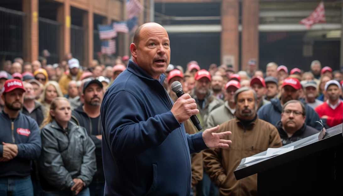 A photo of UAW President Shawn Fain addressing union members during a rally in Detroit. (Taken with Canon EOS 5D Mark IV)