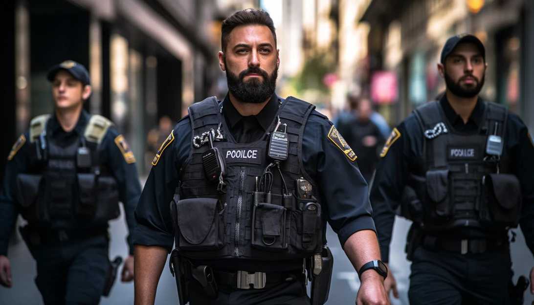 A photo of law enforcement officers patrolling the streets of New York, ensuring public safety during heightened security measures. (Taken with a Sony Alpha A7 III)