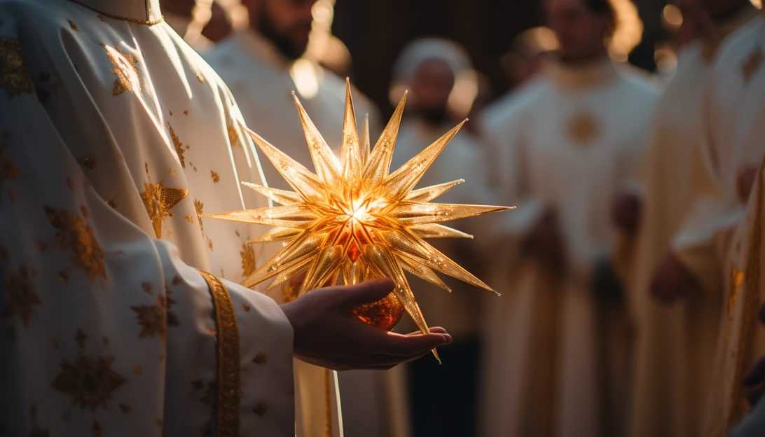 A close-up shot of a Eucharistic Procession, showcasing the intricately designed gold star cradling the body of Christ. Taken with a Canon EOS R6.