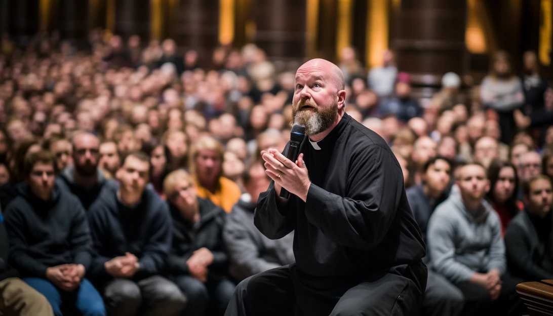 A candid image of Fr. Mike Schmitz delivering his homily at St. Patrick's Cathedral, surrounded by a captivated audience. Taken with a Sony A7 III.
