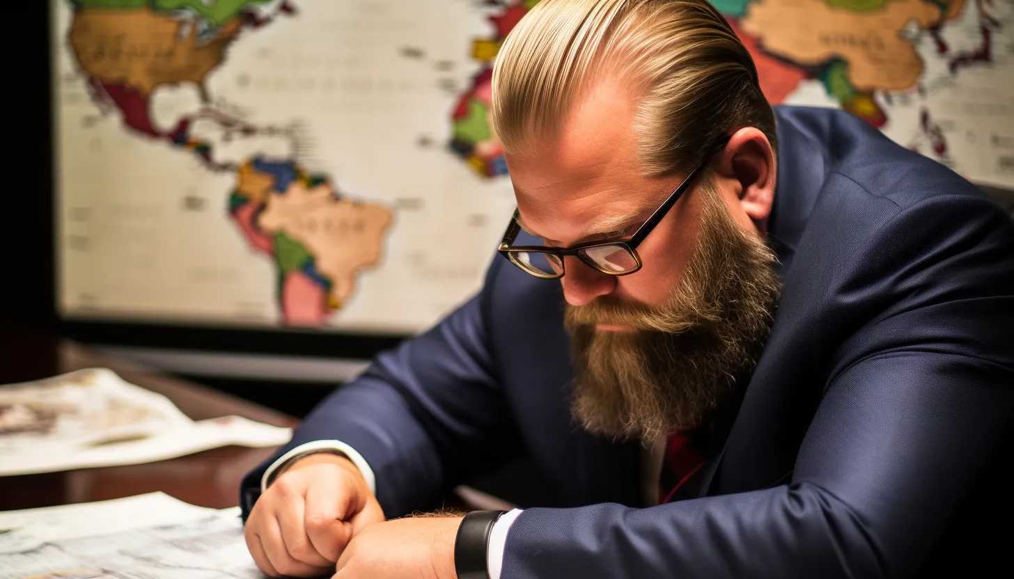 A detailed close-up shot of Henrik Landerholm, Sweden's National Security Adviser, staring thoughtfully into the distance while surrounded by important documents and maps, a mood of urgency and concern palpable. Taken with Canon EOS 5D Mark IV.