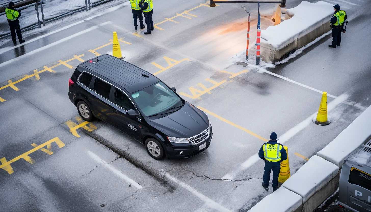 High angle shot of a bustling Swedish border control point, with staff diligently checking documents and vehicles. The photo captures the heightened state of security in a non-intrusive fashion, highlighting the state of alertness. Taken with Nikon D850.