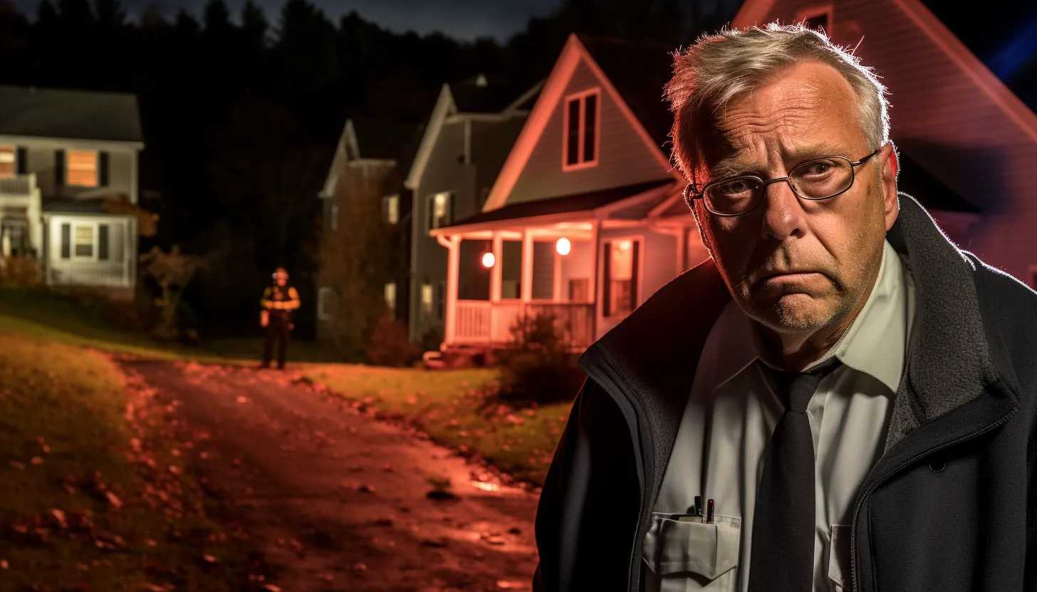 A panicked neighbor standing on a quaint street in Thorndale, Pennsylvania with police lights in the background. Taken with Canon EOS 5D Mark IV.
