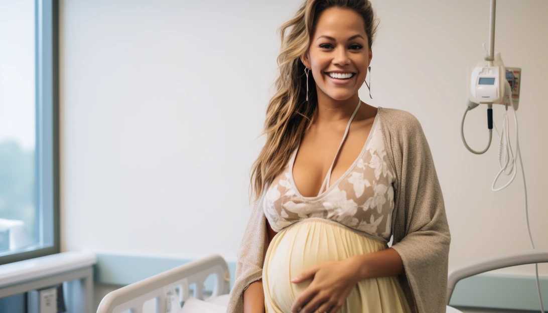 Jana Kramer, holding her baby bump, smiles at the camera while in the hospital. (taken with Nikon D850)