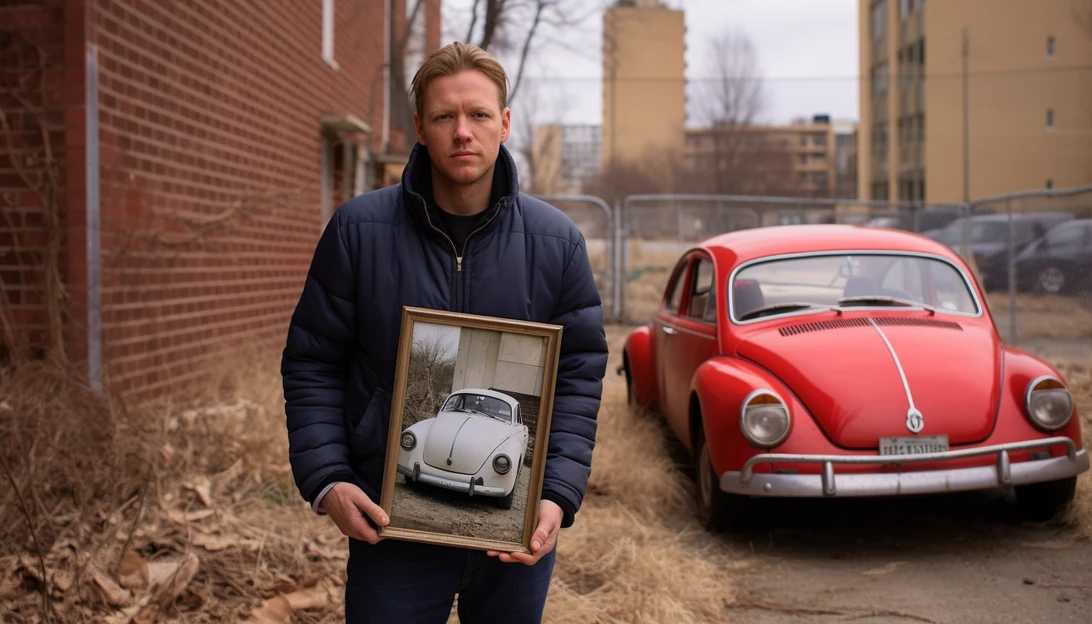 Diane Sweeney's nephew, Rick Ingram, holding a photo of his late aunt with her beloved Volkswagen Beetle in the background, captured with a Nikon D850.
