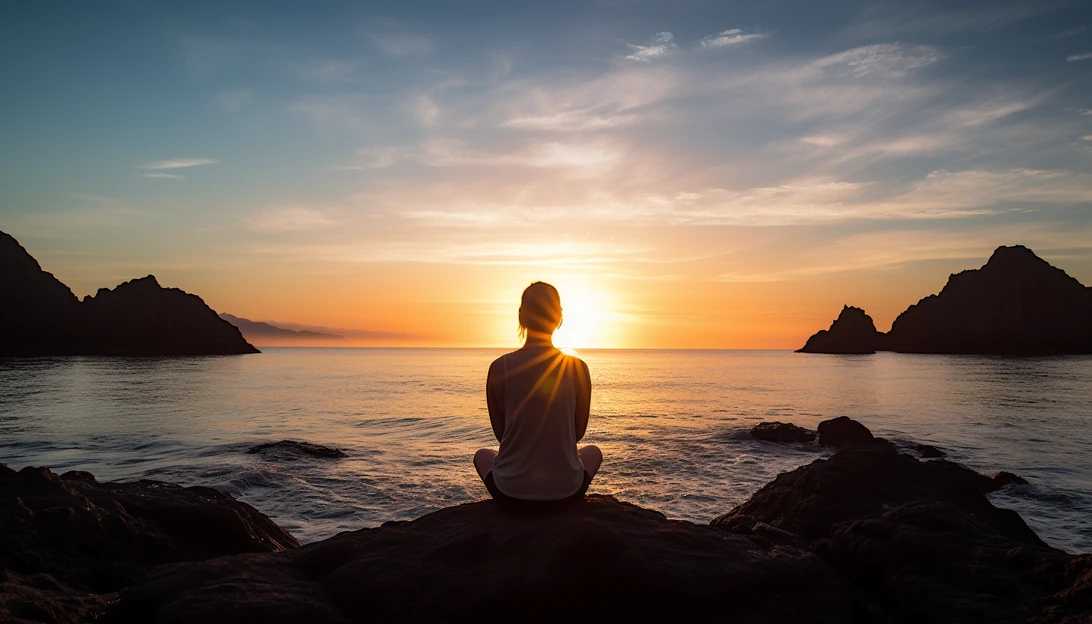A serene image of a person enjoying a peaceful sunrise while practicing yoga or meditation, emphasizing the importance of mental well-being. (Photo prompt: Taken with a Nikon D850)