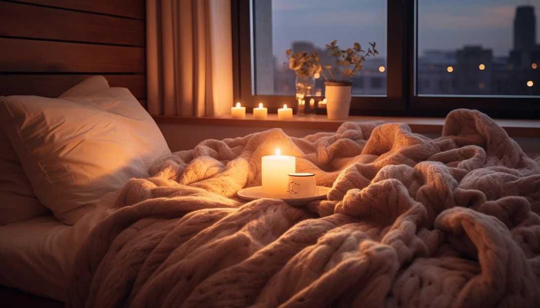 A cozy bedroom scene with a comfortable bed and soft lighting, symbolizing the importance of quality sleep for overall well-being. (Photo prompt: Taken with a Sony Alpha A7 III)