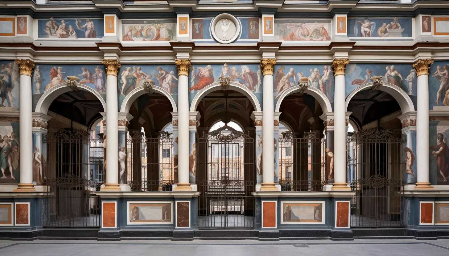 A wide-angle shot of the Uffizi Galleries facade taken with a Nikon Z7 II, capturing the majestic architecture and the graffiti-marred columns, a stark contrast against the historic beauty.