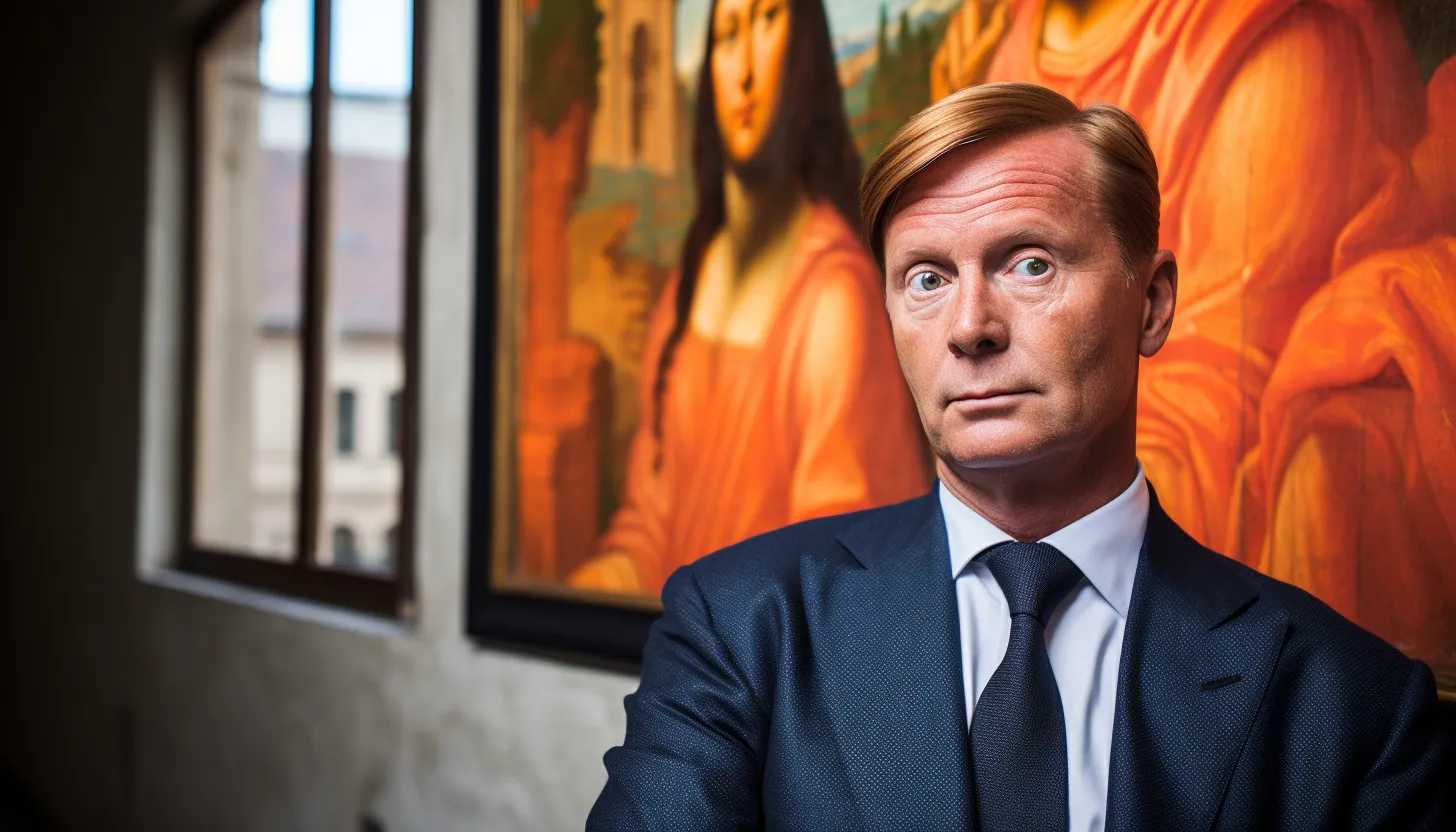 A candid, thought-provoking portrait of Eike Schmidt, Uffizi director, expressing outrage against the vandalism backdrop, captured with a Canon EOS R6.