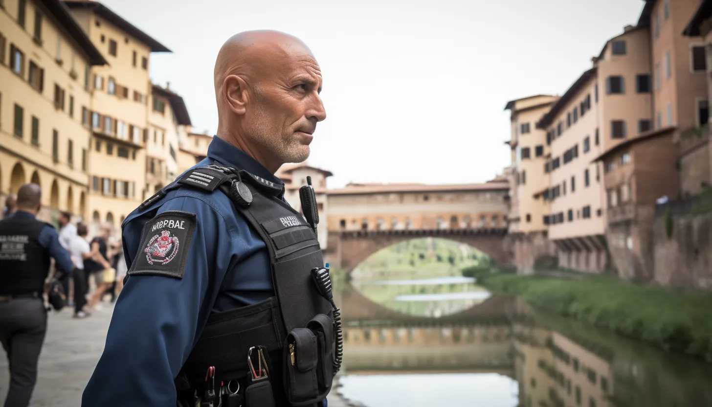 A ground-level shot of Florentine law enforcement scrutinizing video footage, the Vasari Corridor in the background, taken with a Sony α7R IV, encapsulating the gravity of the situation surrounding the cultural heritage.