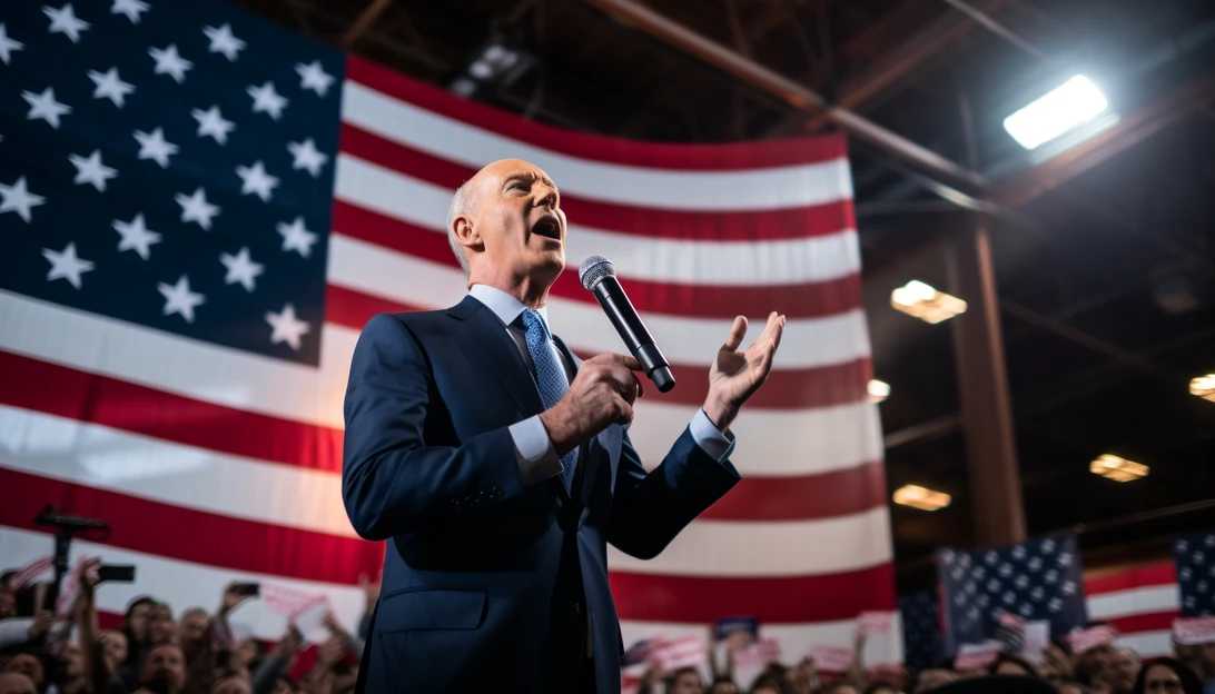 A photo of Joe Biden addressing a crowd during a campaign rally, taken with a Nikon D850.