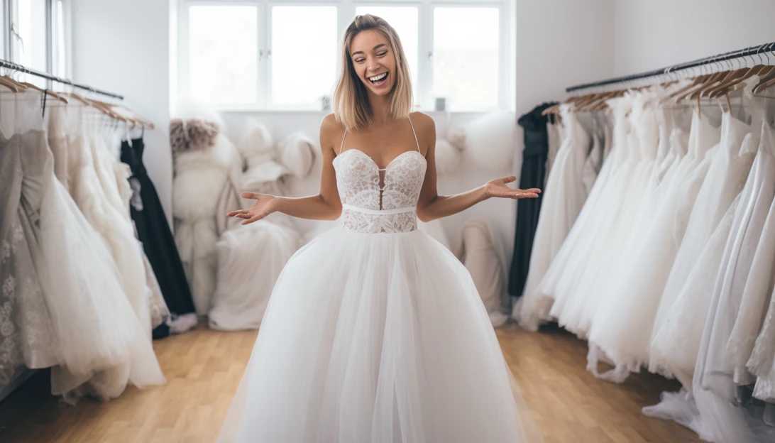 A photo of a bride-to-be trying on different wedding dresses, showcasing the range of styles available for her big day. (Taken with Canon EOS 5D Mark IV)
