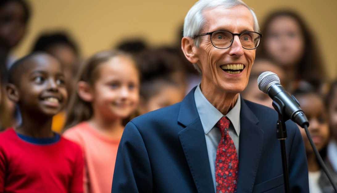 A photo of Governor Tony Evers advocating for the continuation of the Child Care Counts program, taken with a Nikon D850 camera.